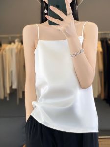 Summer New One-Shoulder Strap Vest Womens Acetate Satin Sleeveless Base Layer Match Suit Pure Color Top Elegant Chic Style