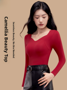 Miiow | Warm Long Sleeve Base Layer Shirt Womens Autumn Winter Inner Wear Skin-friendly Cat Person Ankela Red T-shirt Top With Chest Pad