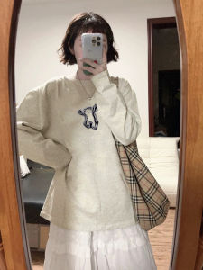 100% Pure Cotton Long Sleeve T-Shirt Womens Hong Kong Style Chic Design Spring Fashion Korean Loose Fit round Neck Top