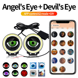 KEVANLY | 1Pair 3.5" Angel Eyes LED Fog Light 3D Lens Motorbike Auxiliary Headlamp Spotlights Dynamic Devil Eyes Decoration APP/Remote