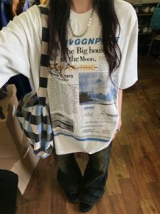 เสื้อยืดแขนสั้นผ้าฝ้ายแท้สไตล์อเมริกันย้อนยุคสําหรับผู้หญิงหลวมพอดีลําลองการออกแบบขนาดใหญ่สร้างสรรค์พิมพ์เสื้อผ้าทํางานความยาวกลางยาว