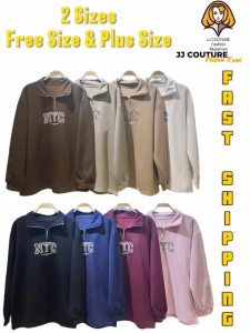 JJ COUTURE WAFFLE ZIPPER COLLAR SWEATSHIRT FREESIZE & PLUS SIZE