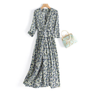 Spring Bamboo 100%  Silk Floral Knitted Wrap Dress Midi Length Elegant Style High Waist A-Line Skirt VU Neckline