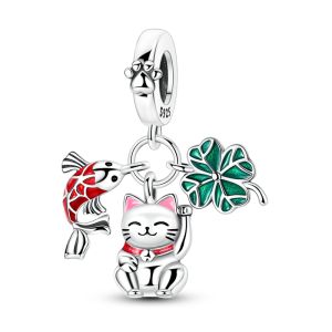 Chất Liệu Bạc 925 Hạt Charm Mèo May Mắn Cỏ Ba Lá Cá Chép Mặt Dây Chuyền Nữ Phù Hợp Với Vòng Tay Vòng Cổ Tự Làm Món Quà Trang Sức