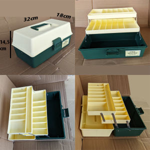 Hộp dụng cụ thùng đồ nghề 2 tầng xếp gọn nắp màu kem có khóa cài quai xách. Vách ngăn cố định. 32x18x145cm. VX7201