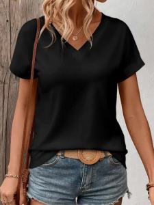 Womens Oversized V-Neck T-Shirt Solid Color Short-Sleeve Curved Hem Soft Fabric Black Gray Navy