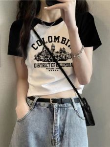 Womens Short Sleeve T-Shirt High Waist Short Style Contrast Color Design Spring Summer New Arrival Cotton Polyester Blend