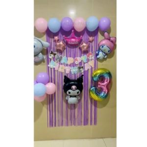 Paket Dekorasi Tema Karakter Kartun Sanrio | Set Dekorasi Balon Ulang Tahun Sanrio Kuromi My Melody Cinnamoroll Pink Putih Ungu Hitam | Paket Perlengkapan Pesta Ultah Anak