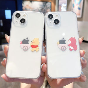Cute Bear Couple Pushchair Compatible Apple 14promax Phone Case Strawberry Bear 12 New Model 11pro Womens Lovely 17 Niche 16 Transparent 8plus Anti-fall 7 Protective Cover 15u