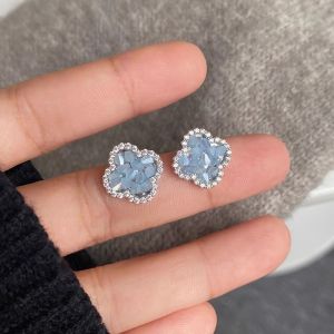 Delicate Blue Four-leaf Clover Earrings 925 Silver Needle Unique Design Fresh Elegant Popular Jewelry Fashion Accessories