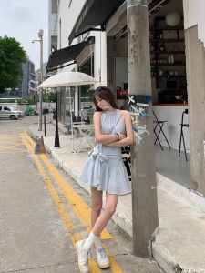 Váy Không Tay Màu Xanh Dopamine Mùa Đông Đi Biển Váy Ngắn Cạp Cao Cho Nữ Váy Mùa Hè Thường Ngày Váy Chữ a Váy Ngắn Không Tay