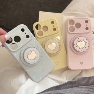 Korean Polka Dot Love Heart Mirror Magnetic Bracket Phone Case For iPhone 17 16 15 14 13 12 Pro Max Candy Color Shockproof Cover