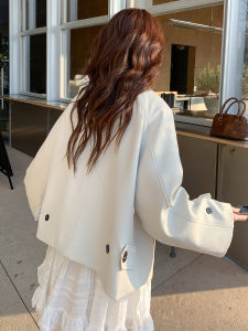 Qiaomi Womens Short Coat Jacket British Style Spring Autumn 2025 Commute Loose Fit Long Sleeve Pure Color Single Button