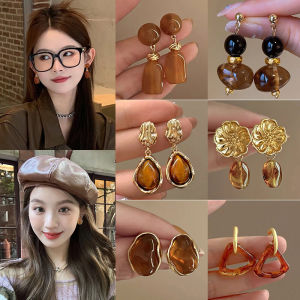 Early Autumn Vintage Tiger Eye Stone Earrings Womens Elegant Fashion Jewelry Fresh out New 2024 Trendy Ear Decorations