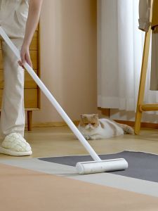 Long Handle Retractable Tear Roll Rubber Roller Floor Carpet Cleaner Lint Rollers for Pet Hair Extra Sticky Pet Cat Dog Hair Remover Fur Roller Lint Remover Sticky Mop Duster Removal Roller for Sofa Carpet Cars Clothing