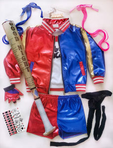 Children Harley Quinn Costume For Kids Girls Cosplay Embroid Suicide Squad Joker Jacket T-shirt Shorts 4Pcs Set