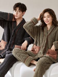 Thickened Coral Fleece Flannel Pajamas Set Warm Cardigan Sleepwear for Couples Autumn Winter Home Clothes Long Sleeve V-Neck
