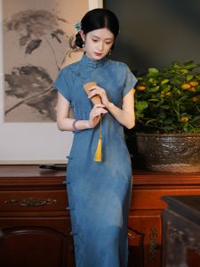 Elegant Traditional Chinese Cheongsam Full-Length Open-Front One-Piece Young Girl College Student Classical Chinese Style