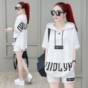 Summer Sportswear Set Women Casual Loose plus Size Fat MM Belly Covering Shorts Sleeve Two Piece Cotton Suit for Ages 25-35