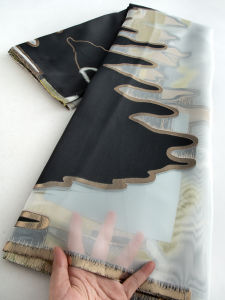 Vải Ren Gấm Jacquard Sóng Đen Vàng Sang Trọng Chất Liệu Voan Mỏng 100% Polyester Dùng Cho Váy Dự Tiệc Trang Trí Đám Cưới Khổ 51/52