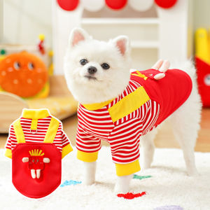 Autumn Winter Fleece Lined Hoodie for Dogs And Cats Teddy Bichon Two Feet Clothes Striped Design Comfortable round Neck Style