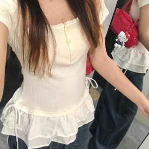 Pure Color Lace Short Sleeve T-Shirt Womens Winter Fashion Doll Neck Top Slimming Straight Cut Casual Wear Moisture Wicking