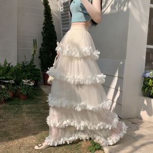 Váy Lưới Ren Dài Màu Trắng Xếp Nếp Eo Thun Dài Nhiều Lớp Viền Ngọt Ngào Váy Nửa Người Phong Cách Cổ Điển Chữ A Màu Trơn