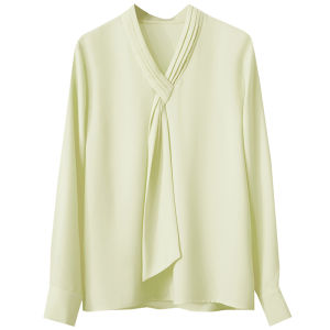 AMII | Fall New Commuter Style Pure Color Straight Barrel Pleats V-Neck Bow Blouse