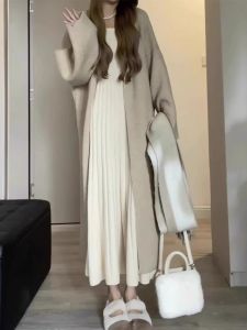 ชุดเดรสยาวผ้าถักสไตล์ญี่ปุ่นและเกาหลีฤดูใบไม้ร่วงปี 2023 แขนยาวคอตั้งคอตตอน ชุดเดรสยาวสีชาสไตล์นางฟ้า