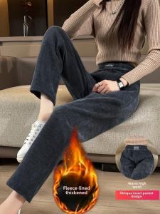 กางเกงฮาเร็มเอวสูงบุขนแกะหนาสำหรับผู้หญิง กางเกงขายาวทรงหลวมสบาย ๆ ทรงลำลอง ทรงขากระบอกเล็ก ทรงเข้ารูป ฤดูใบไม้ร่วง/ฤดูหนาว