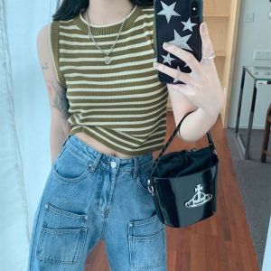 Sleeveless Sporty Outer Wear Striped Knit Vest