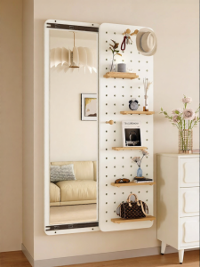 BEIQIVI | Sliding Door Solid Wood Hole Panel Full Length Mirror Storage Shelf
