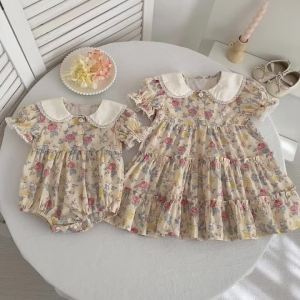 2026 Summer 0-24M Baby Girl Embroidery Collar Bodysuit 2-6Yrs Kid Sweet Party Short Sleeves Floral Print Dress Sister Dress