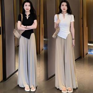 New Chinese Style Fashion Set Womens Summer Slimming T-Shirt Wide Leg Pants Skirt Two-Piece Set Stylish Casual Polyester Fiber