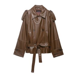 KLKXMYT Casual Chic Brown Leather Jackets Women Long Sleeve Buttons Belt Coats Fashion 2026 Spring Autumn Streetwear Coats 