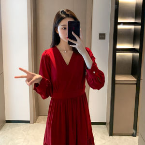 Red Slimming Maternity Dress Spring New Style French Size Large Womens Long Dress V-neck High-waist A-line Skirt for Wedding