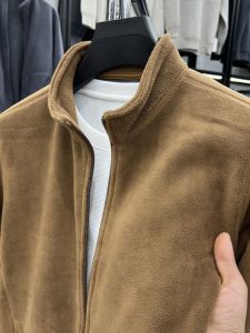 Mens Fleece Jacket 2024 New Spring Autumn Outdoor Sports Casual Hoodie Large Size Collar Stand up Fluffy Jacket Coat
