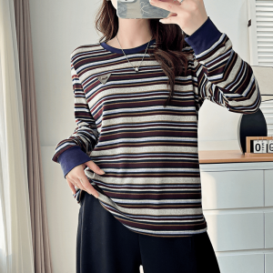 เสื้อยืดคอกลมแขนยาวผ้าฝ้ายแท้ลายทางสำหรับผู้หญิง ทรงหลวม ทรงเข้ารูป ฤดูใบไม้ผลิและฤดูใบไม้ร่วง เสื้อชั้นในลำลอง