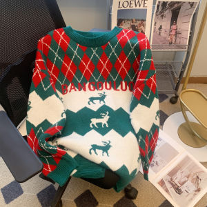 Loose Knitted Sweater Womens Red round Neck Top Fashionable Autumn Winter Christmas Age-Defying Korean Style Commute Wind