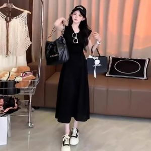 Hebe Style Black V-Neck Dress Women Summer New Tea Break French Waist Cinching Slim Long Dress Small Size A-Line Skirt