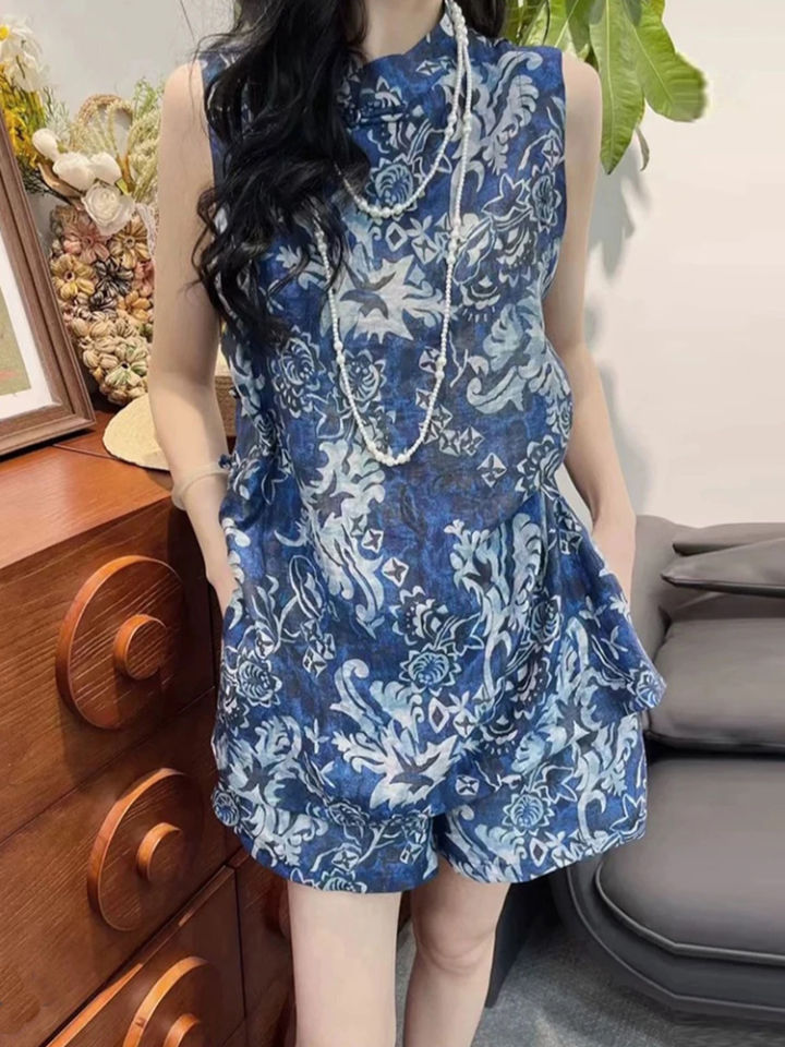 Shalldoer | New Chinese Style Blue Floral Print Set Womens Summer Stand Collar Side Button Sleeveless Vest Shorts Two Piece Set