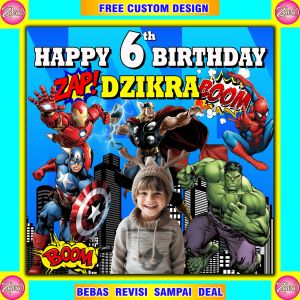 Cetak Spanduk / Backdrop Banner Ulang Tahun Anak / Tema Marvel / Avengers  / Superhero / Spiderman / Hulk / Black Panther / Thor / Captain Amerika / Iron Man / Free Design / Cetak Banner Custom / Spanduk Custom / Gratis Ongkir /