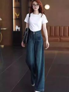 High-Waist Blue Denim Jeans for Women Retro Loose Fit Mid-Length Pants Casual Style Versatile for All Seasons