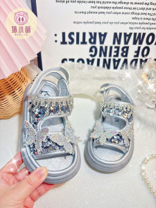 Silver Rhinestone Butterfly Girls Sandals Princess Style Low Cut Soft Bottom Children Shoes Summer Season Kids Footwear