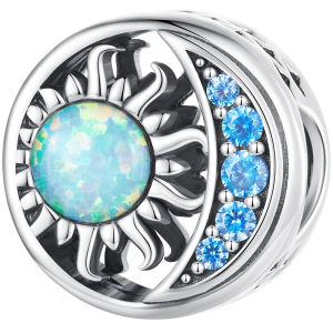 BAMOER 925 Sterling Silver Sun & Moon Opal Bead Blue Zircon Moon Charms for Women Bracelet and Bangle DIY Fine Jewelry SCC2418