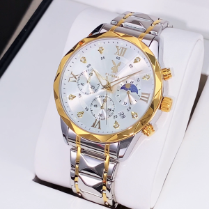 PLAYBOY 3088 New Mens Watch Waterproof Fashion Calendar Quartz Watch 100% Genuine Luminous Moon Phase Watch Stainless Steel Strap