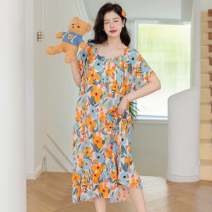 plus Size Silk Cotton Pajama Dress Womens Summer Thin Short Sleeve Artificial Cotton Nightgown Sweet Home Clothes Floral Print