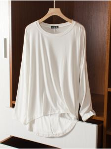 Áo Thun Modal Cổ Tròn Dài Tay Mỏng Mùa Hè Đầu Thu Cho Nữ Áo Lót Bên Trong Áo Khoác Ngoài Dáng Rộng Dài Vừa Phải Không Đều