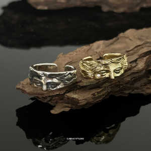 New Arrival Retro Half Face Opening Adjustable Ring Boys Trendy Ins Niche Style Silver Distressed Ring