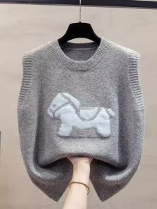 Gray Knitted Vest Womens Spring Autumn Loose Layering Outerwear Top round Neck Sleeveless Casual Style for Young Women